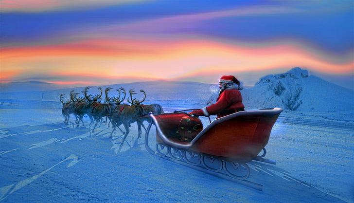 Holiday, Christmas, Reindeer, Santa, Sleigh, Snow, sitting, HD wallpaper