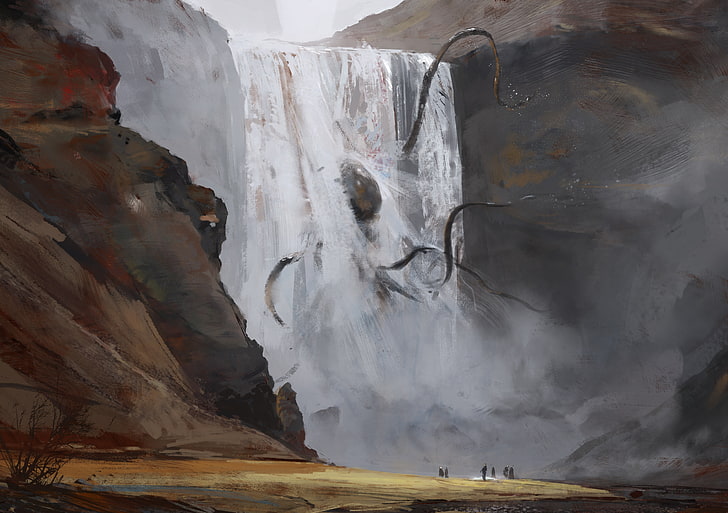 waterfalls, digital art, fantasy art, nature, rock, creature