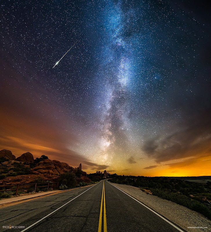landscape, Long Exposure, Milky way, road, stars