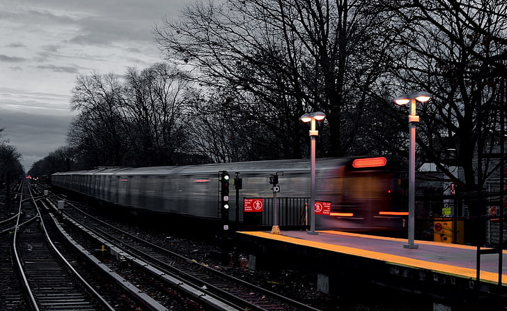 black and white metal trailer, train, light trails, selective coloring, HD wallpaper
