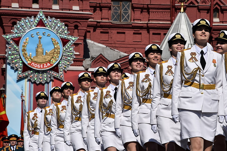 woman's white formal uniforms, girls, holiday, victory day, parade