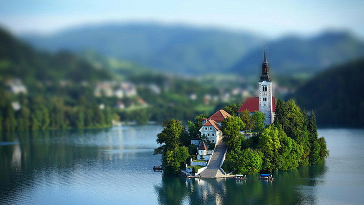 blurred, church, island, tilt shift, Lake Bled, HD wallpaper
