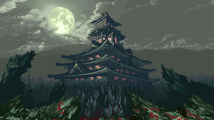 black temple illustration, pixel art, pixels, 8-bit, rock, Asian architecture