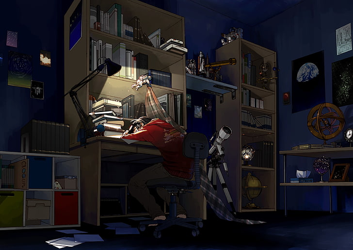 person sitting on rolling chair illustration, night, room, books