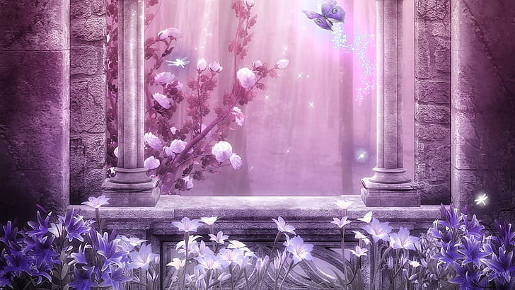 Pink Mystic, roses, lavender, columns, butterfly, flowers, mystical, HD wallpaper
