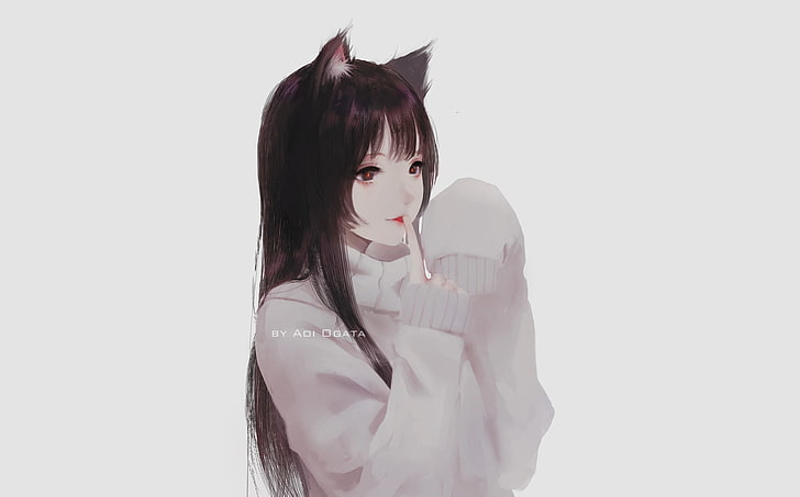 anime girls, Aoi Ogata, simple background, digital art, cat ears