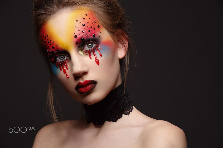 makeup, colorful, red lipstick, face, women, model, 500px, portrait