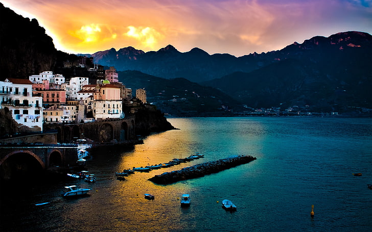white boat, water, Cinque Terre, Amalfi, building exterior, mountain, HD wallpaper