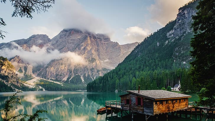 nature, landscape, mountains, trees, forest, lake, house, boat