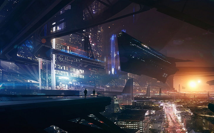 black concrete building, futuristic city, lights, space, spaceship