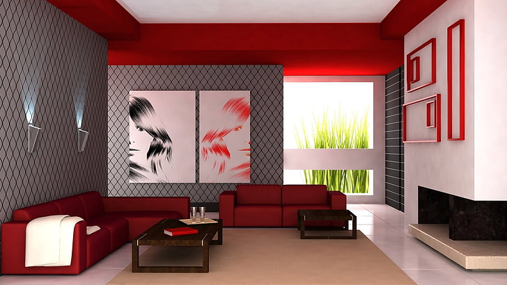 red sofa set, design, table, room, interior, chair, domestic Room, HD wallpaper