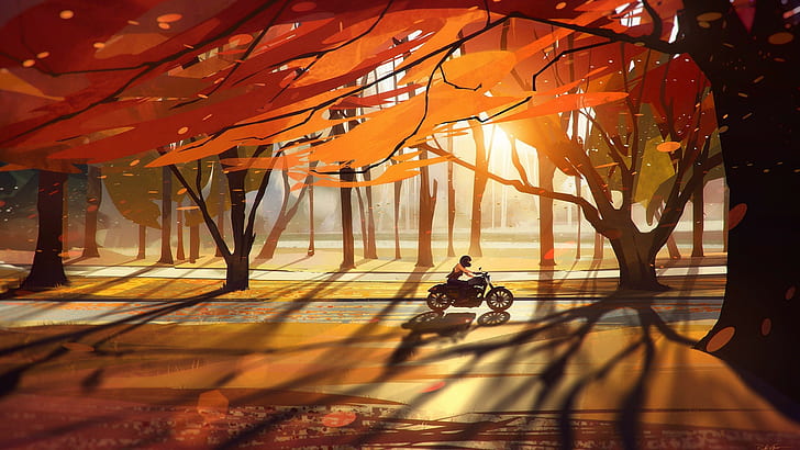 trees, fall, vehicle, Heavy bike, nature, artwork, motorcycle, HD wallpaper