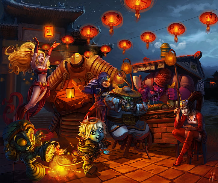 League of Legends digital wallpaper, night, Asia, food, home