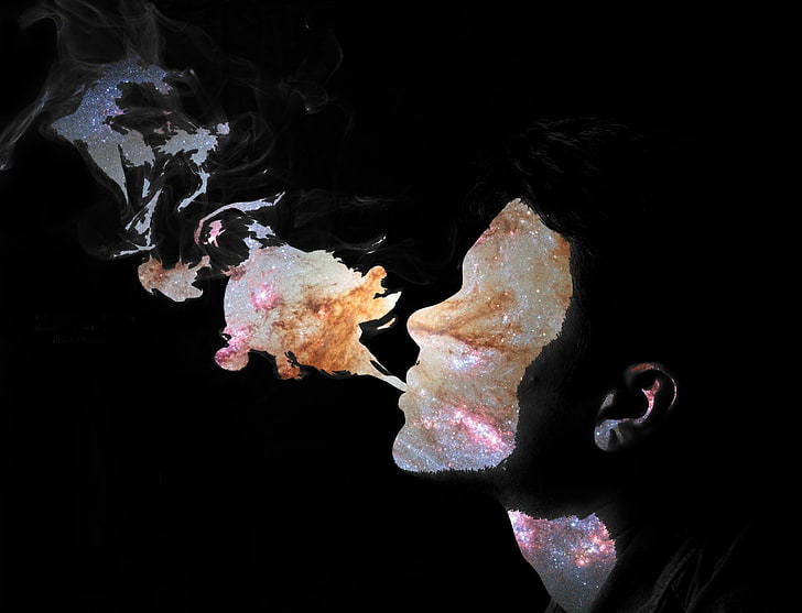 silhouette of man illustration, smoke, black background, studio shot