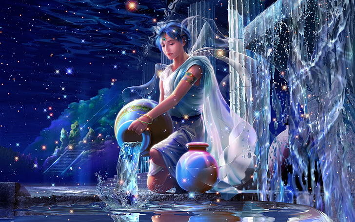 fairy holding jar illustration, water, squirt, stars, fantasy, HD wallpaper
