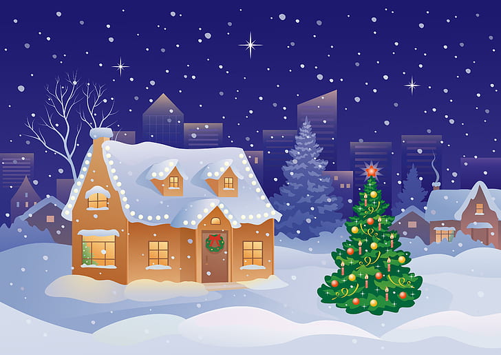 Vector Graphics Holidays Christmas Houses Christmas tree, miscellaneous, HD wallpaper