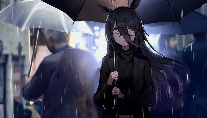 Uma Musume Pretty Derby, rain, loli, long hair, dark hair, black sweater, HD wallpaper