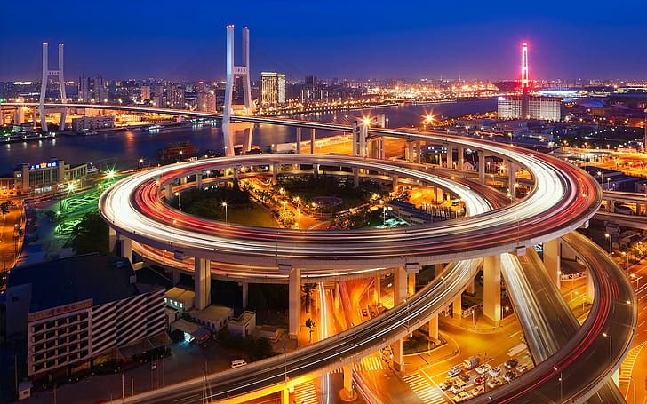 Nanpu Bridge, China, the city of Shanghai, Night, evening, lights, HD wallpaper