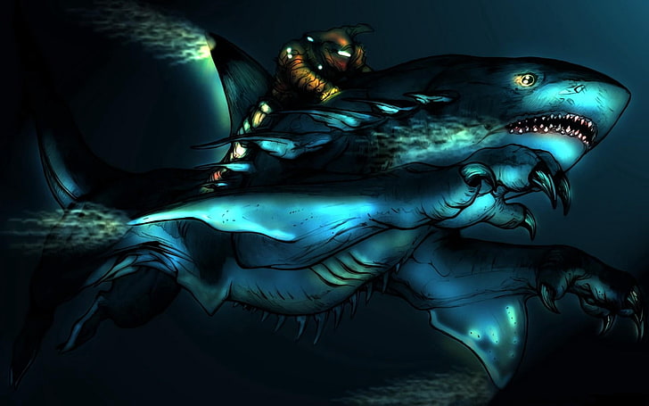 gray shark illustration, creature, water, rider, science, animal