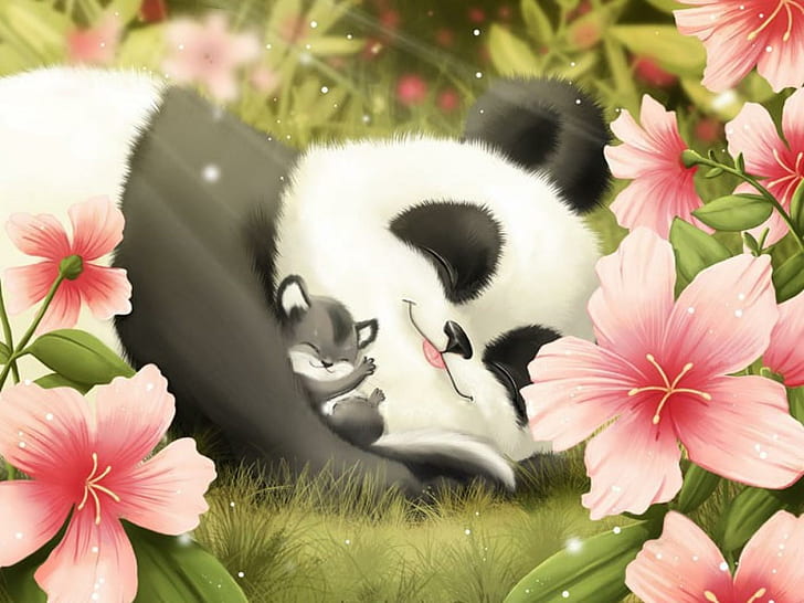 HD wallpaper: Cute Panda and Cub, smiling, sleeping, flowers, hibiscus,  pink | Wallpaper Flare