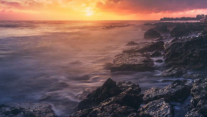 nature, landscape, sea, waves, sunset, rock, coast, HD wallpaper