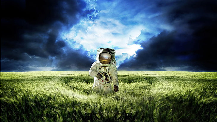 astronaut, clouds, digital art, field, gloves, helmet, nature, HD wallpaper