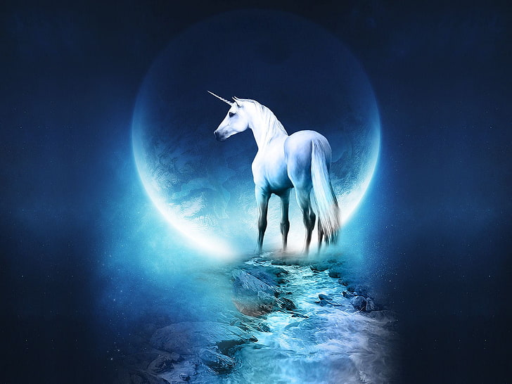 white unicorn illustration, blue, planet, nature, science, animal