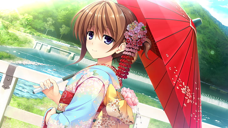 anime girls, Japanese umbrella, kimono