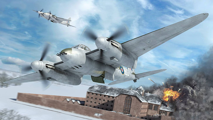 warplane attacking castle graphic wallpaper, figure, art, De Havilland Mosquito