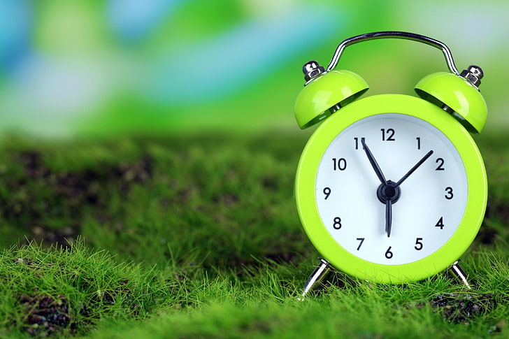 clocks, time, alarm clock, grass, clock face, number, green color, HD wallpaper