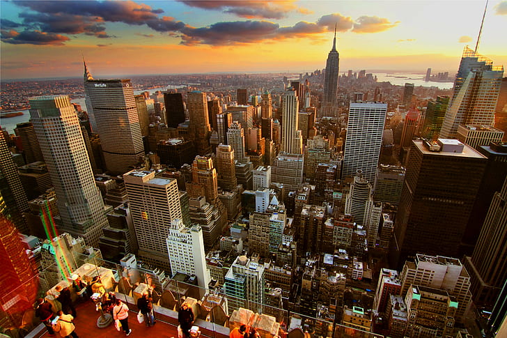 aerial view of high rise buildings, york, york, Sunset, HDR, rockefeller, HD wallpaper