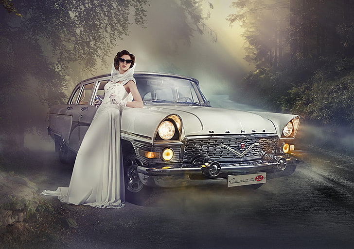 white car and white wedding gown, machine, girl, pose, retro