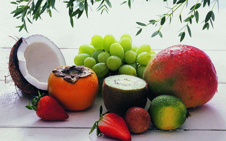 fruit, grapes, coconuts, food, strawberries, HD wallpaper