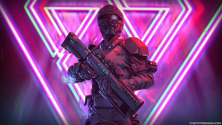 Halo character, neon, weapon, soldier, futuristic, helmet, science fiction