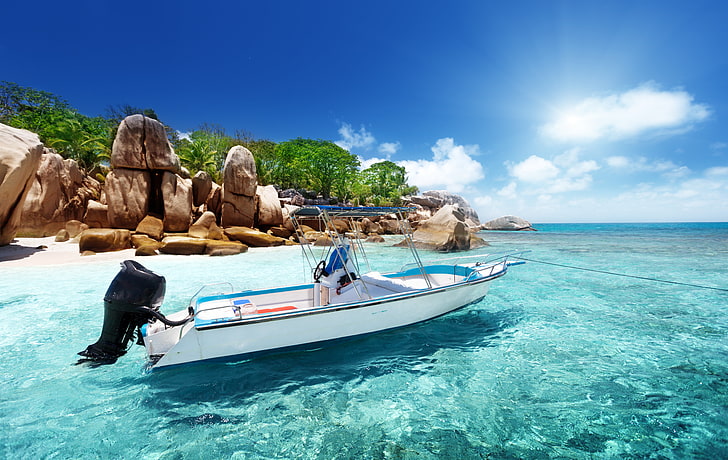 white and black speedboat, sand, sea, beach, the sky, clouds, HD wallpaper