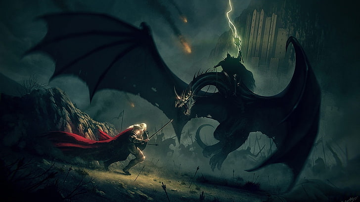 fantasy art, Nazgûl, battle, Éowyn, J. R. R. Tolkien, Witchking of Angmar