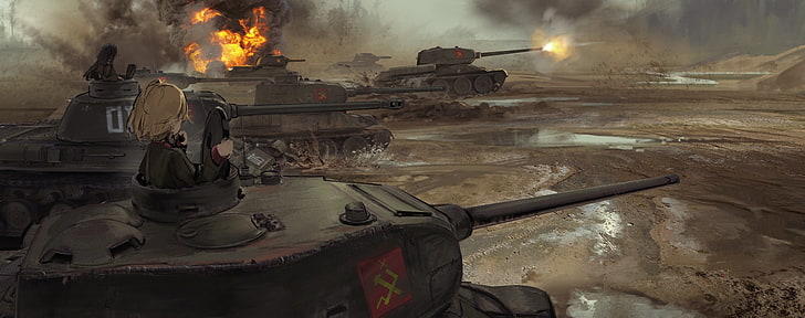 girls und panzer, battlefield, tanks, explosion, Anime, military, HD wallpaper