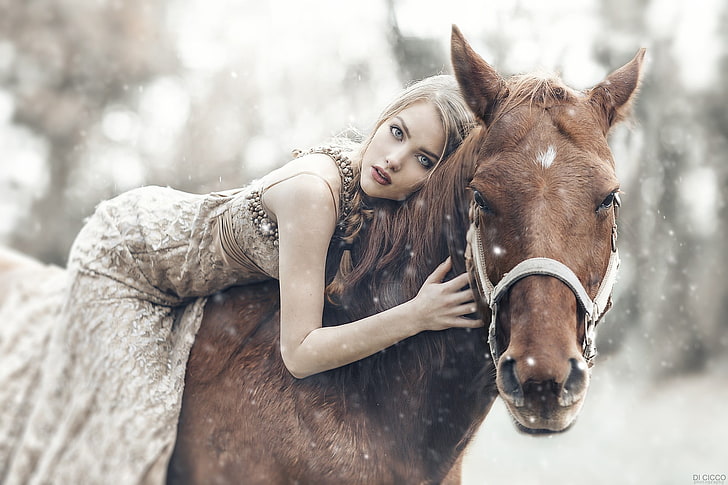 women, horse, snow, blue eyes, dress, braids, Alessandro Di Cicco