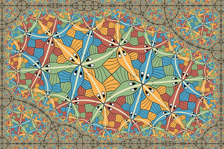 animals, Colorful, drawing, fish, M. C. Escher, Optical Illusion, HD wallpaper