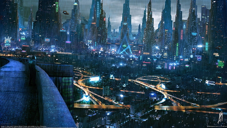 black city buildings, cyberpunk, cityscape, futuristic city, digital art, HD wallpaper