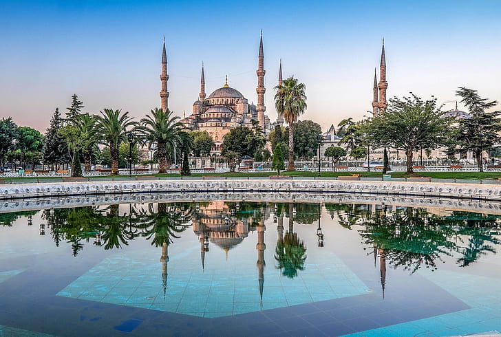 architecture, Cityscape, Istanbul, Palm Trees, park, reflection