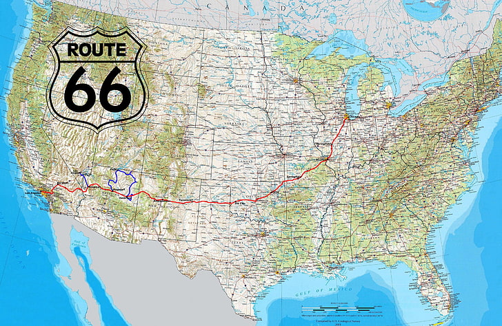 Route 66 map, road, USA, highway, North America, Canada, coast