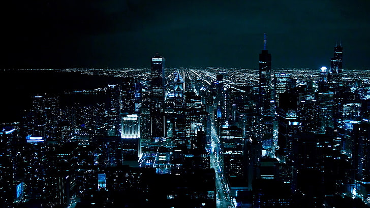 metropolitan photograph, cityscape, lights, Chicago, night, blue