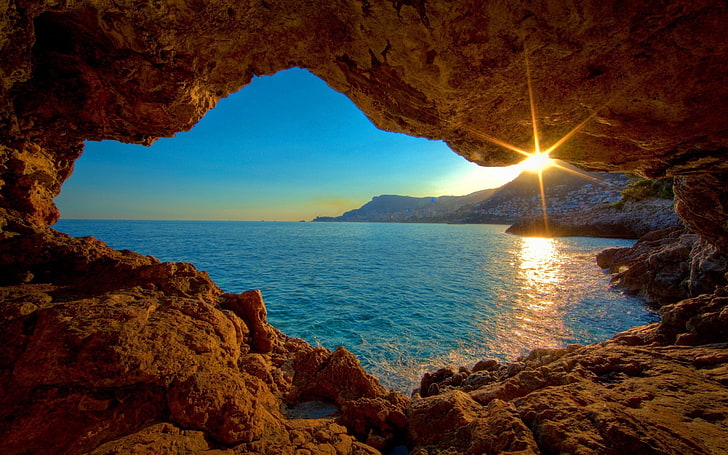 nature, sea, cave, sun rays, sunlight, mountains, water, beauty in nature, HD wallpaper