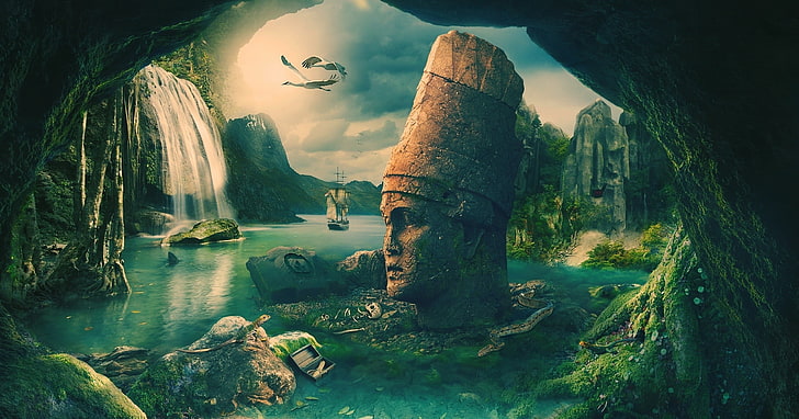 buddha head on body of water digital wallpaper, fantasy art, Desktopography, HD wallpaper