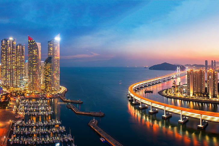 sea, sunset, bridge, building, port, night city, skyscrapers, HD wallpaper