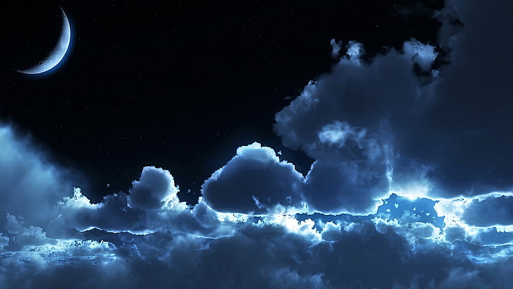 Moon, night, sky, clouds, cloud - sky, blue, space, nature, HD wallpaper