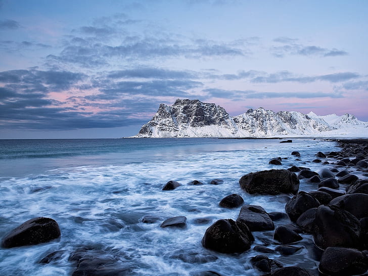 Norway, sea, mountains, rocks, winter, HD wallpaper