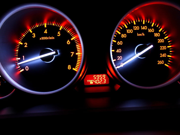 black vehicle analog instrument cluster panel, speed, blur, Speedometer