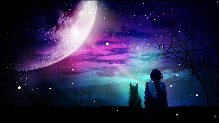 earth moon with purple light illustration, artwork, digital art